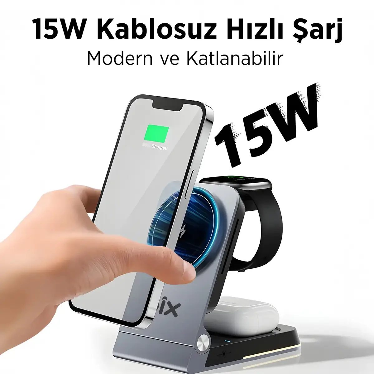 Bix BXMW5 3’ü 1 Arada 15W Akıllı Telefon TWS Kulaklık ve Akıllı Saat için Katlanabilir Manyetik Kablosuz Şarj Cihazı BXMWS Bix BXMW5 3’ü 1 Arada 15W Akıllı Telefon TWS Kulaklık ve Akıllı Saat için Katlanabilir Manyetik Kablosuz Şarj Cihazı (BXMWS) - Görsel 6