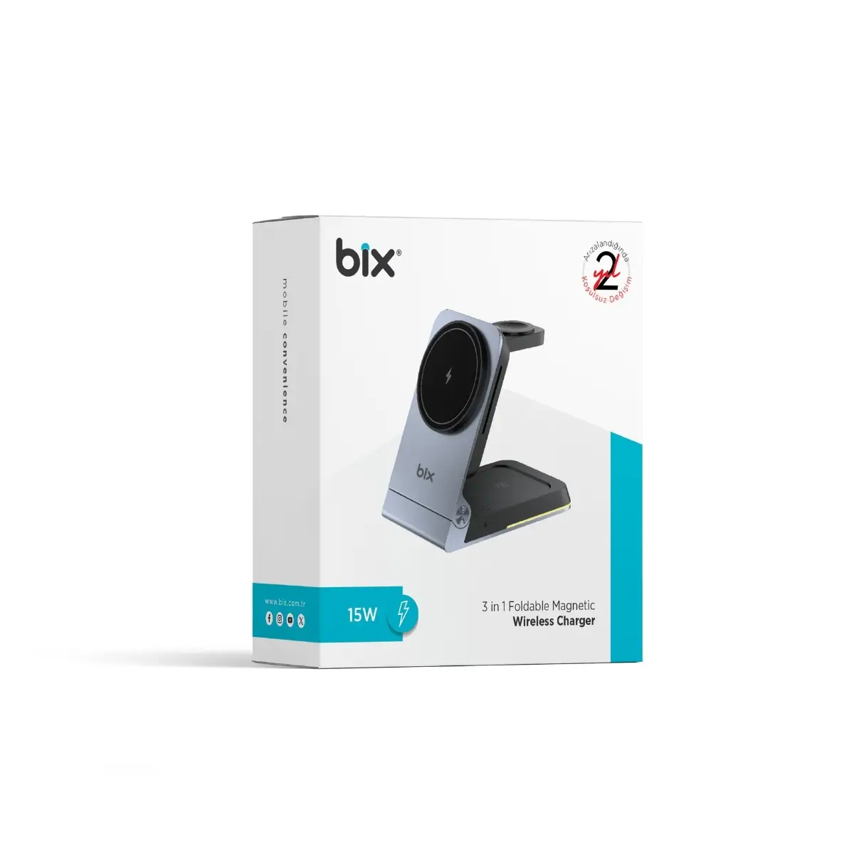 Bix BXMW5 3’ü 1 Arada 15W Akıllı Telefon TWS Kulaklık ve Akıllı Saat için Katlanabilir Manyetik Kablosuz Şarj Cihazı BXMWS Bix BXMW5 3’ü 1 Arada 15W Akıllı Telefon TWS Kulaklık ve Akıllı Saat için Katlanabilir Manyetik Kablosuz Şarj Cihazı (BXMWS) - Görsel 3