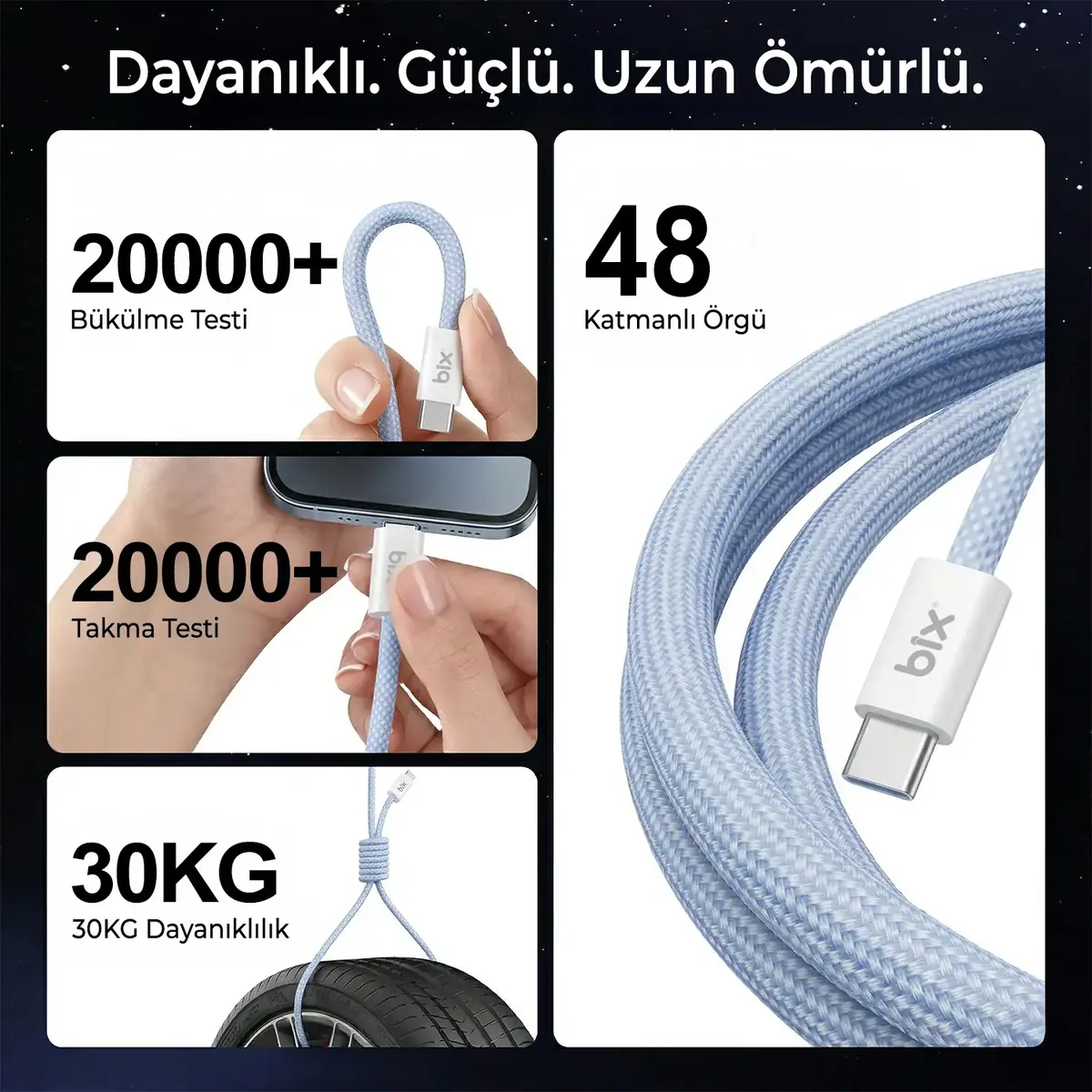 Bix Hızlı Şarj ve Data Kablosu 1 Metre  T4CC 65W USB-C to USB-C Manyetik Tasarımlı Örgülü Hızlı Şarj ve Data Kablosu 1 Metre (BIX-T4CL-65) - Görsel 3